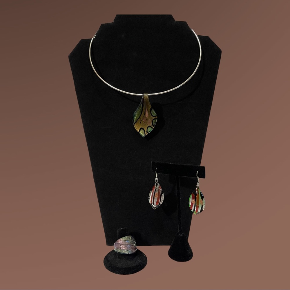 Dichroic Glass Jewelry Set Necklace Earrings Ring